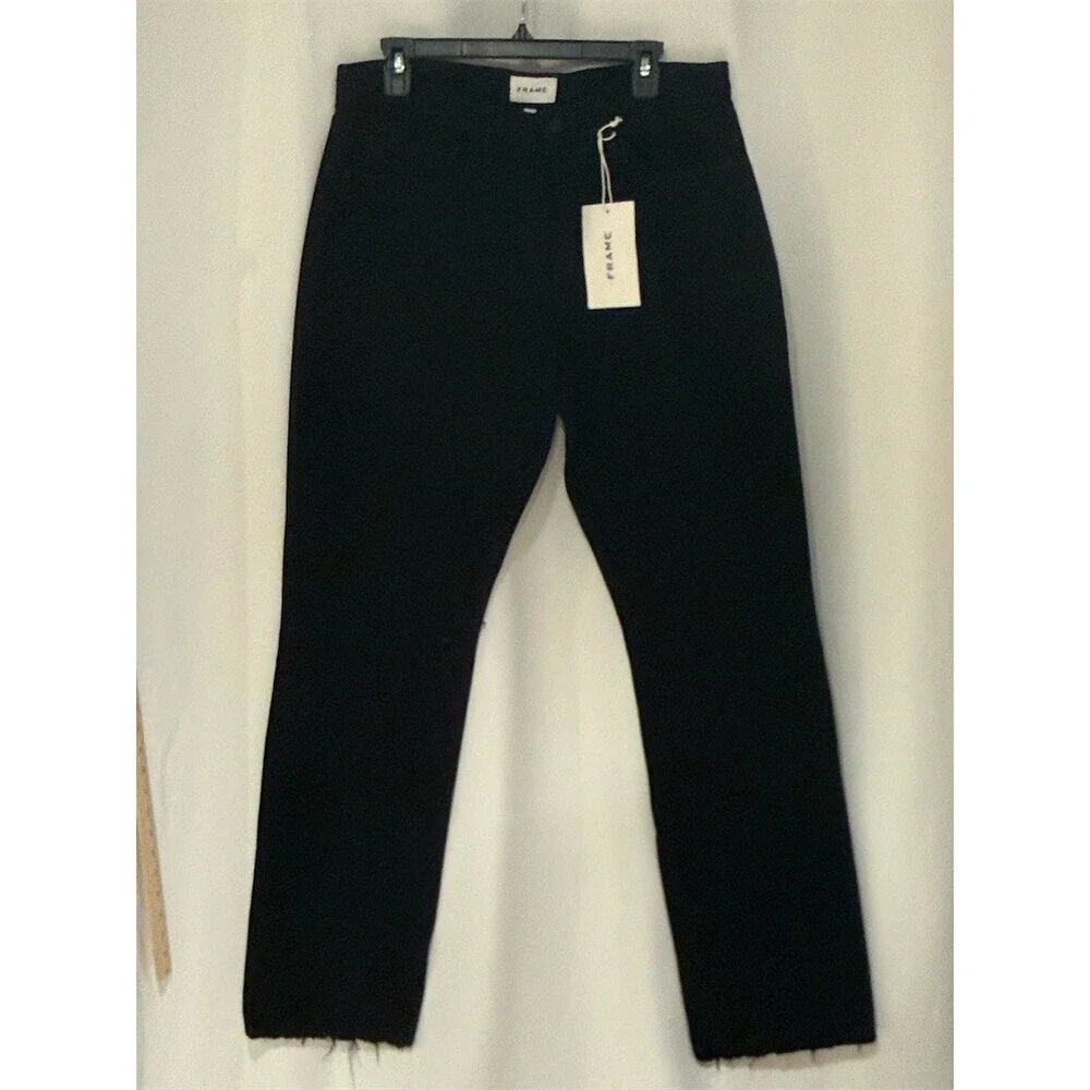 FRAME The Straight Baggy Jeans Womens Size 32 Black Wide-Leg Raw Hem